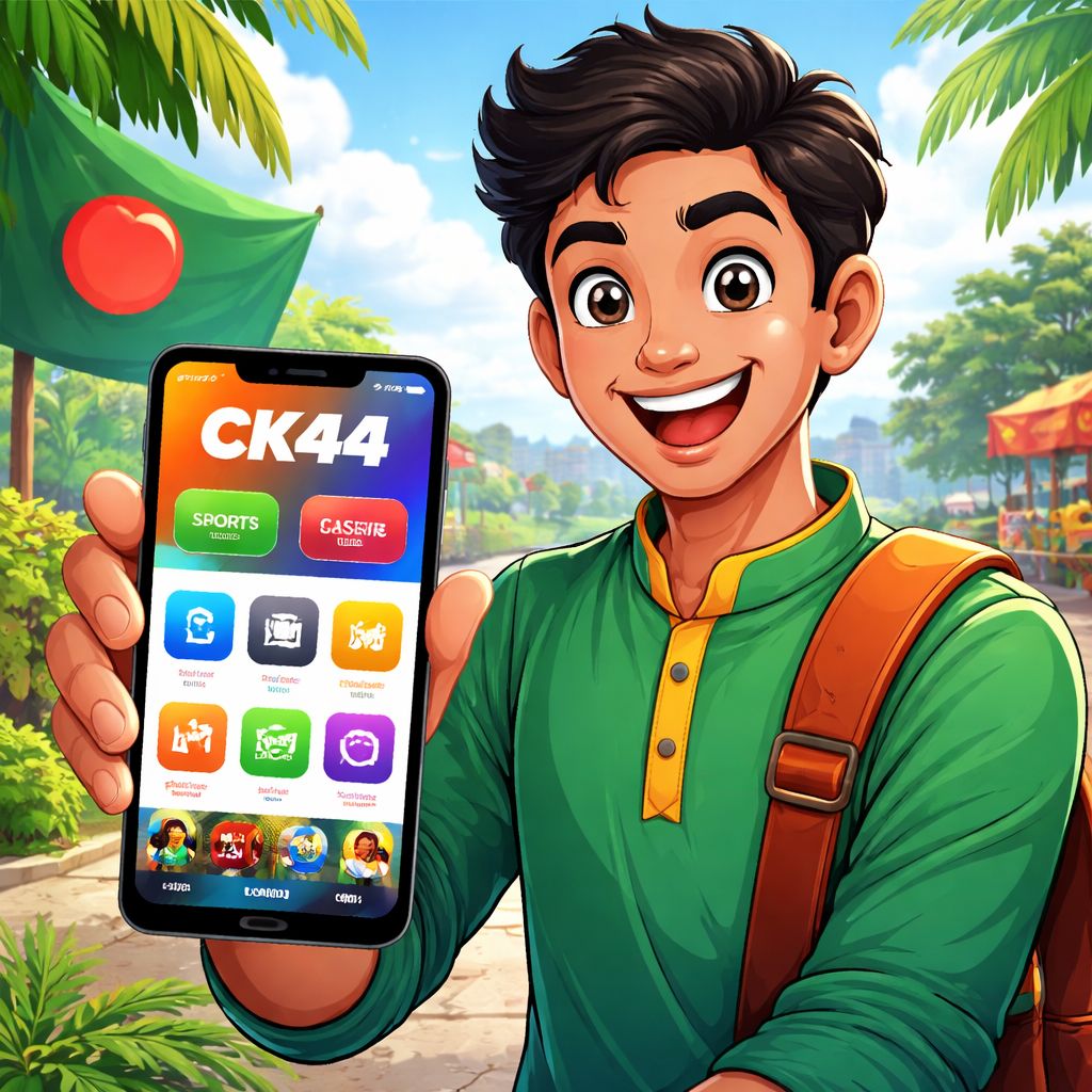 Cartoon mobile user holding a phone with the CK44 app interface and bright reward icons