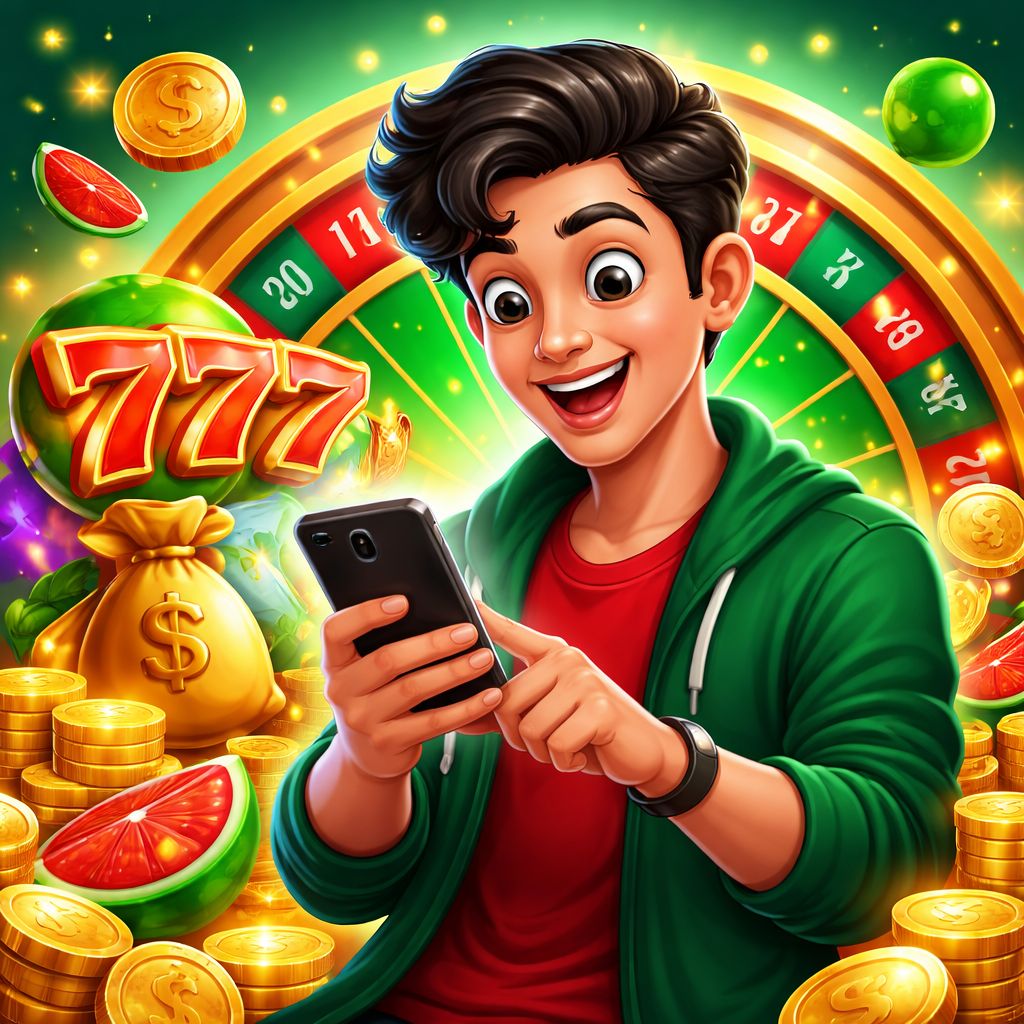 Cartoon CK44 Casino character holding a phone with slot icons and coins