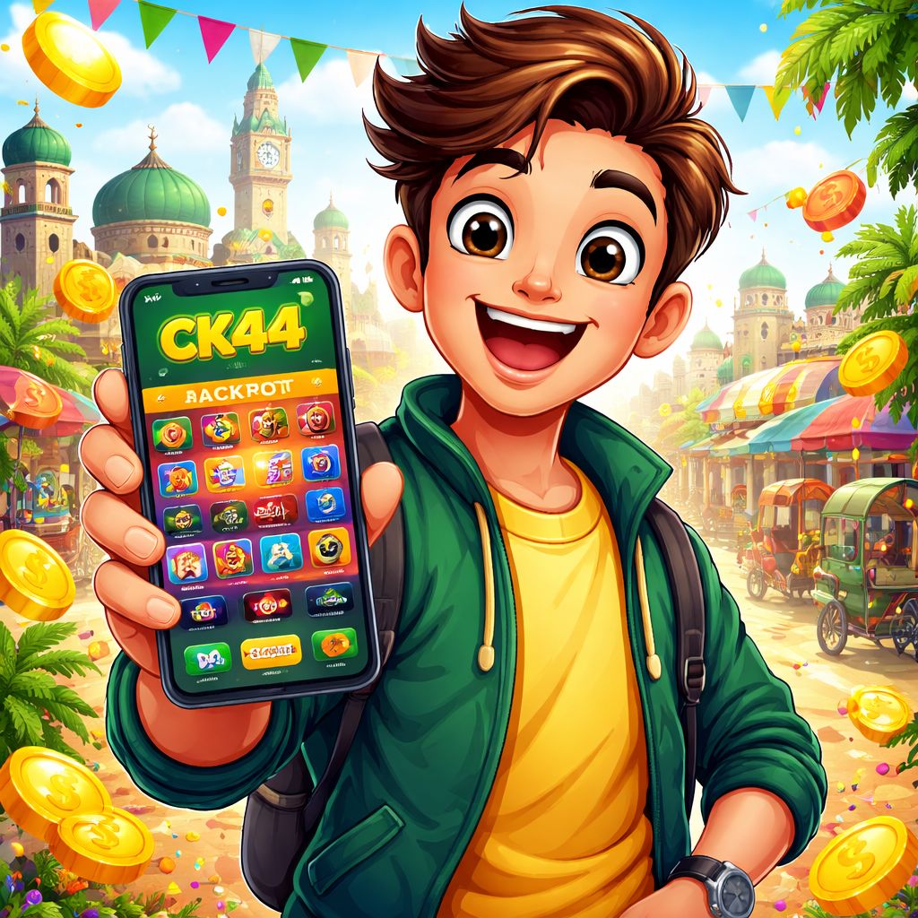 CK44 cartoon gamer with smartphone, coins, and bright Bangladesh-inspired gaming interface